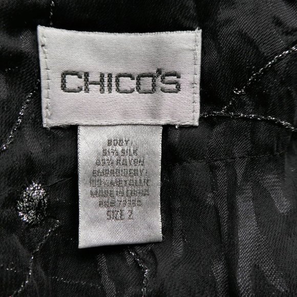 SiLK Rayon Metallic Blend Chicos Kimono Jacket Sheer Lame Black Floral 2 L 12 - Picture 6 of 8